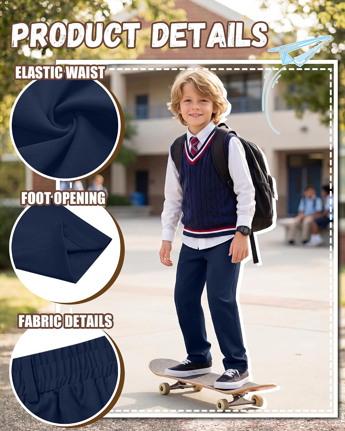 5 Pack Boys' School Uniform Pants Pull-On Straight Fit Trousers with Pockets Elastic Waist Dress Pants for Kid 5-14Y