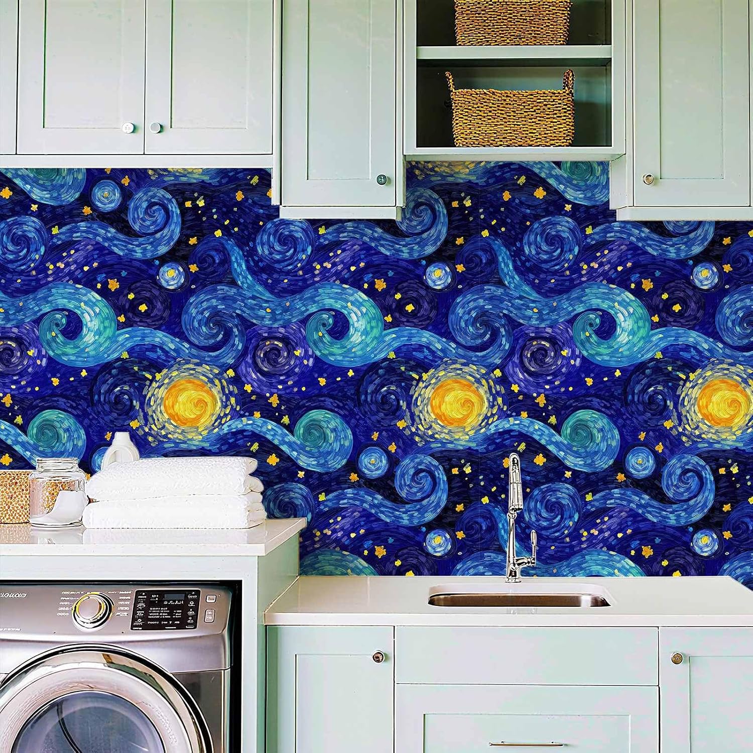 Modern Abstract Starry Night Swirl Peel and Stick Wallpaper, Van Gogh Style Art Pattern Wallpaper for Home Decor | 17.7" x 236", Self-Adhesive, Waterproof Vinyl