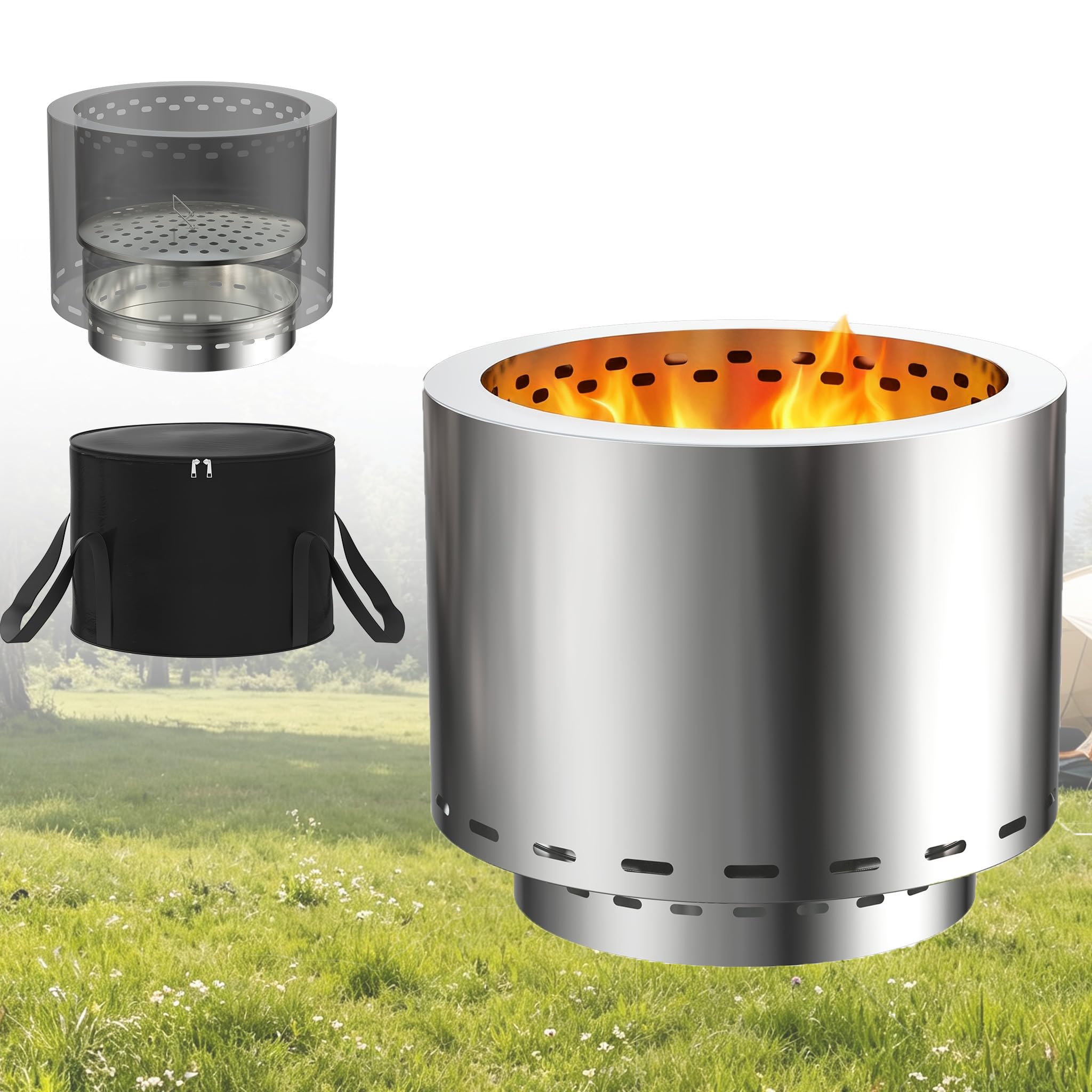Aufun Stufa a legna da campeggio, portatile, in acciaio inox, 49 cm x 40 cm | Fornello da campeggio per esterni, braciere da tavolo con custodia, forno a legna, per picnic, escursioni, backpacking