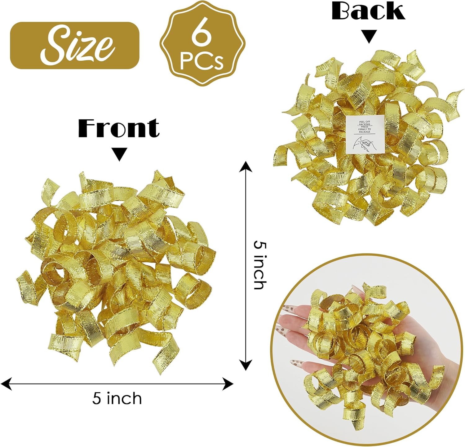 AIMUDI Gold Curly Bows for Gift Wrapping 5'' Metallic Christmas Burst Bows Self Adhesive Gift Bows for Presents, Treat Bags, Wine Bottles Party Holiday Christmas Decorations - 6 Counts - Image 3