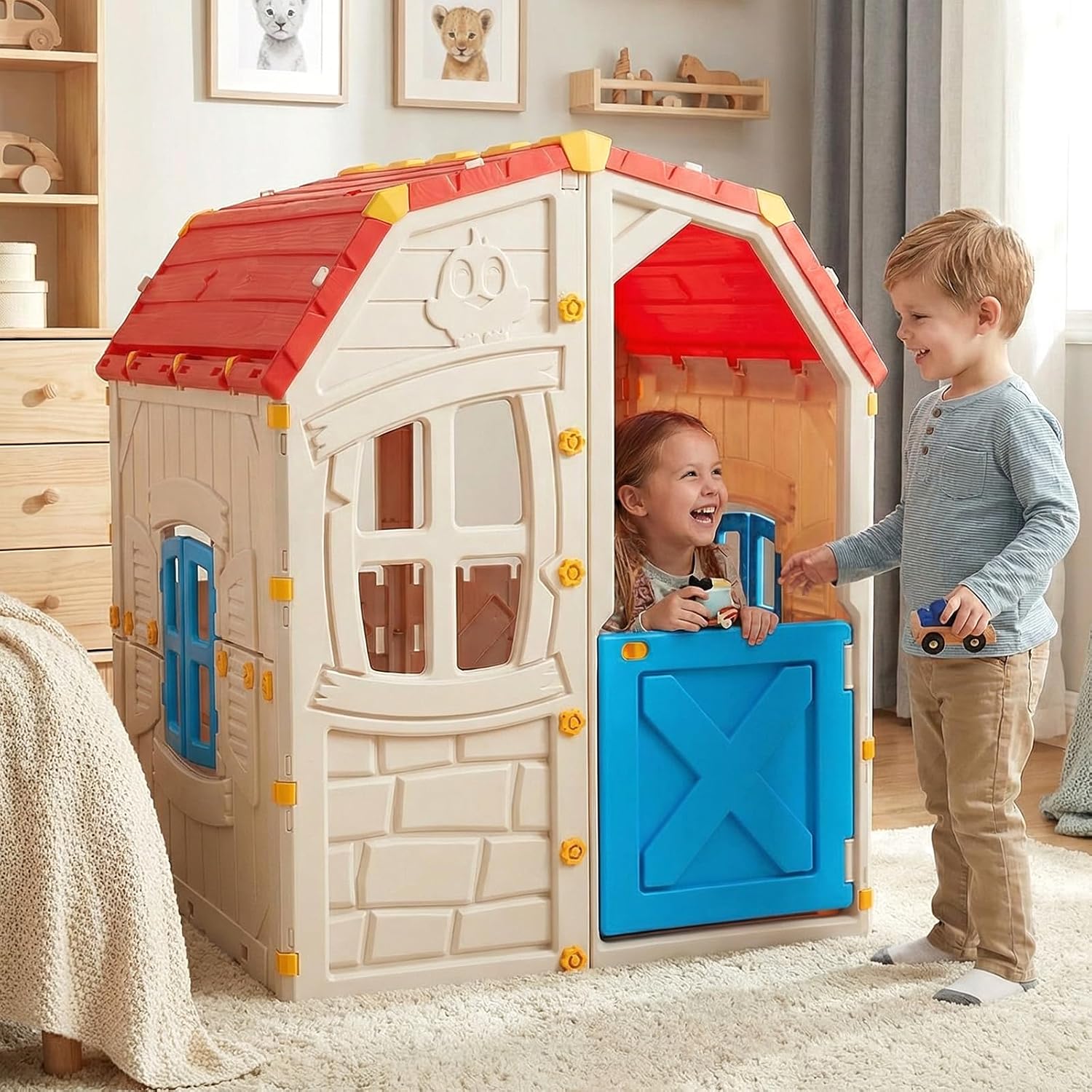 Costzon Outdoor Playhouse, Kids Cottage Clubhouse with Openable Windows & Door for Indoor Room, Garden and Backyard, Children’s Play Set for Pretend Play (Red & Blue)