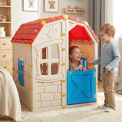 Miniatura 2 de Costzon - Casa de juegos al aire libre, casa de campo para niños con ventanas y puerta abatibles para habitación interior, jardín y patio trasero,