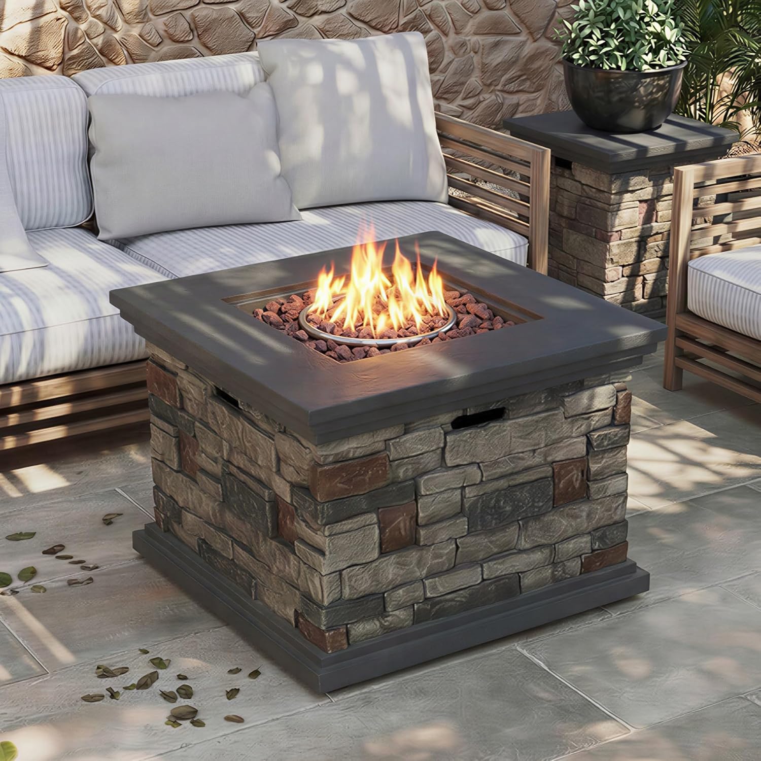30'' Propane Fire Pit Table Hidden Tank Inside, 40,000 BTU Square Outdoor Gas Firepit with Auto-Ignition, Waterproof Cover for Patio Deck, Stone Gray