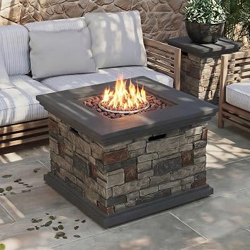 32 Propane Fire Pit Table, 40,000 BTU Outdoor Square Gas Firepit with Auto-Ignition, Waterproof Cover, Lava Rock for Patio Deck, Imitation Stone Concrete, CSA Certified, Gray