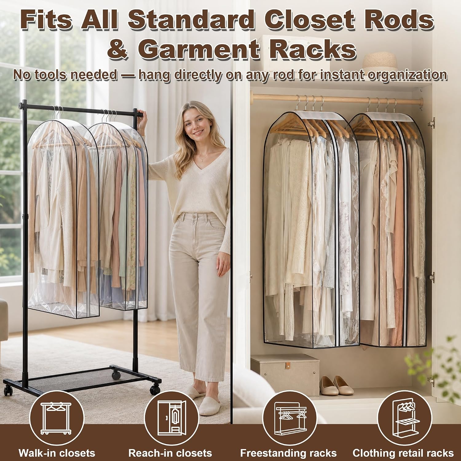 6 Pack Clear Garment Bags for Hanging Clothes 40" 10" Gusset Closet Storage