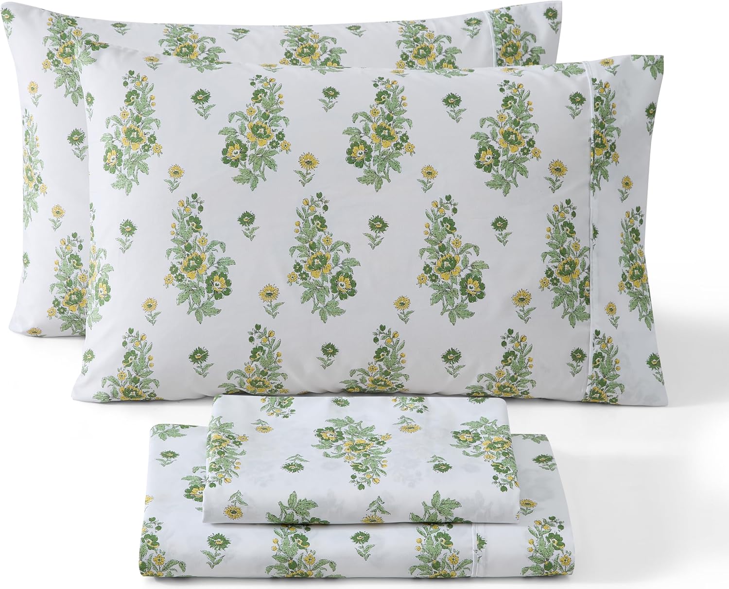 HLC.ME Color Block Printed Sage Green Floral Sheets - 4 Piece - Floral King Sheets - Wrinkle Resistant & Ultra Soft - Fits Mattresses up to 15 Inches Deep (King, Green)