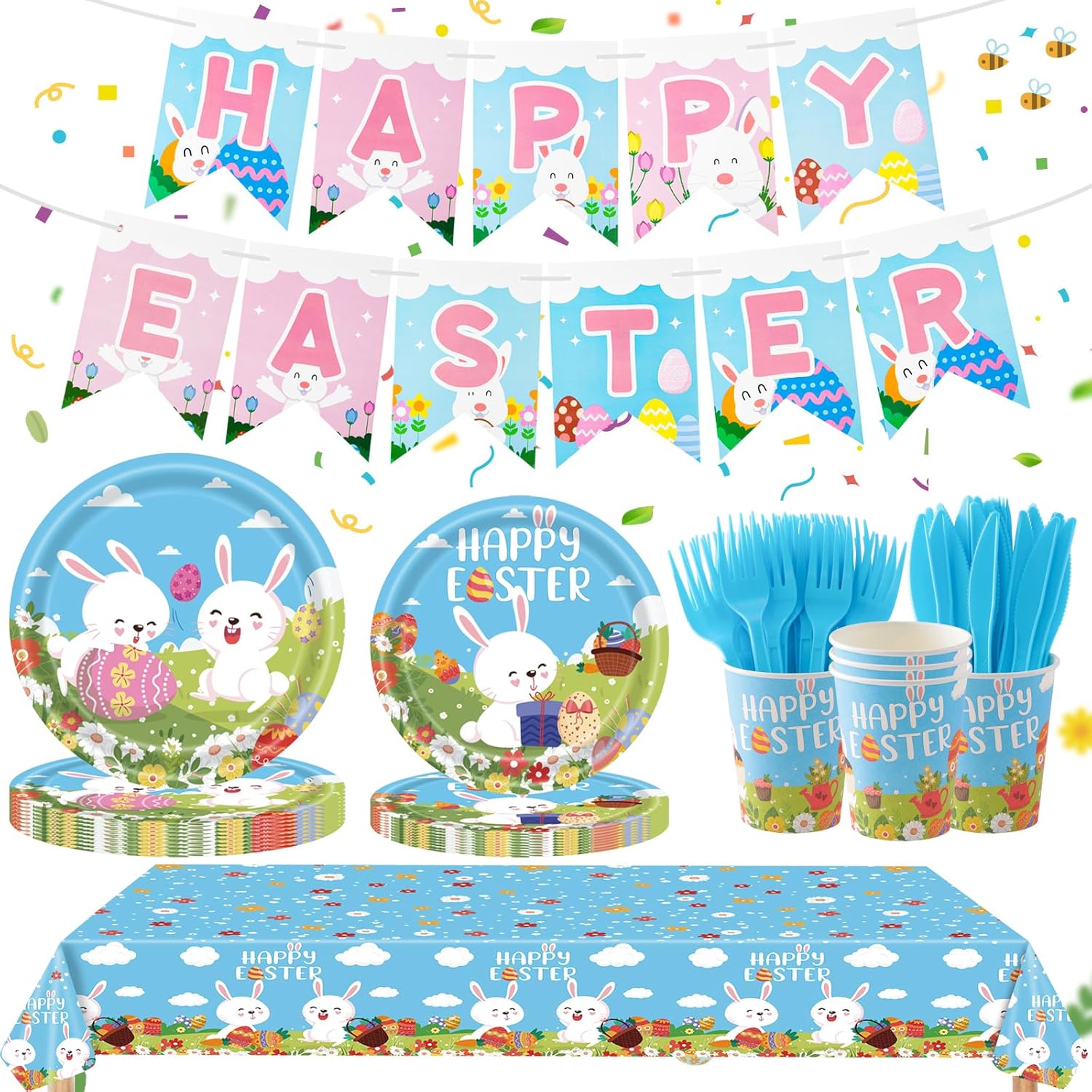 WINTS Happy Easter Party Supplies,152 Pcs Easter Tableware Set with Bunny Plates Napkins Cups Banner Tablecloth for Spring Eater Party Decorations Serves 25