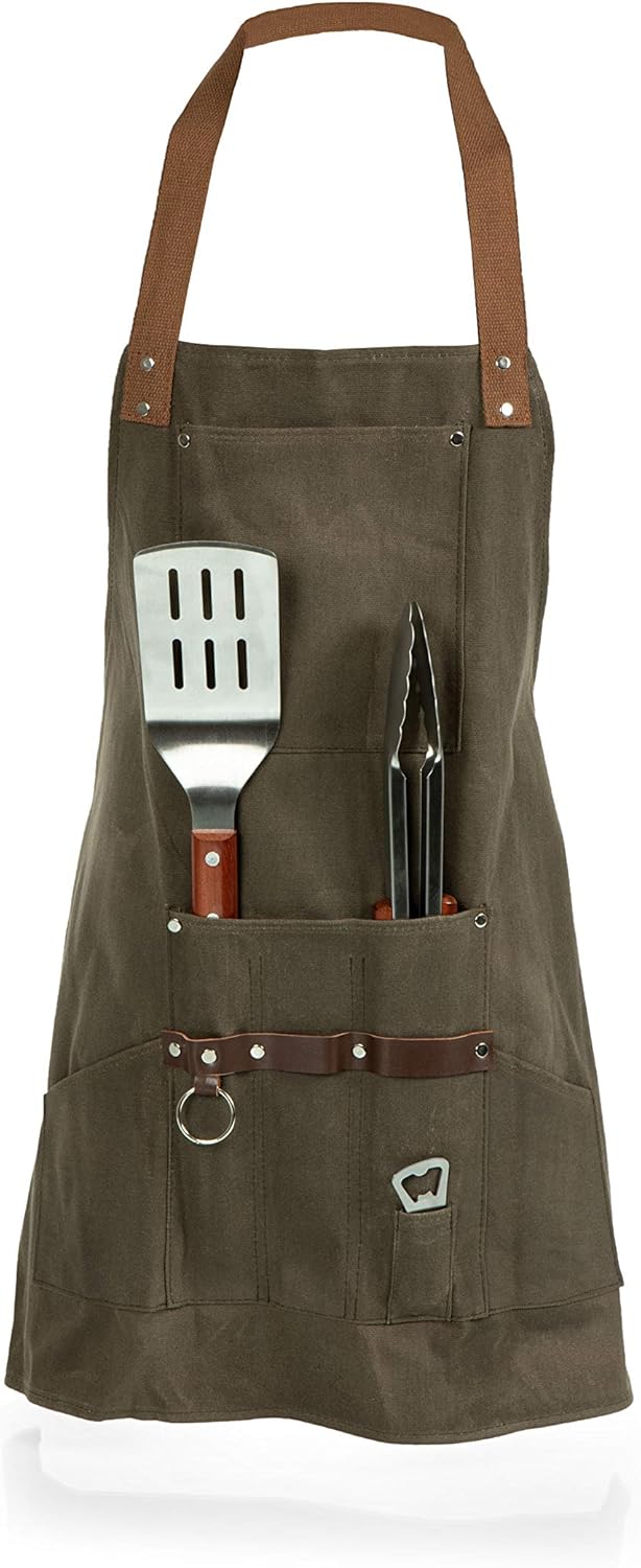 LEGACY - ピクニックタイムブランド アンティーク調ワックスキャンバスBBQエプロン BBQツールと栓抜き付き