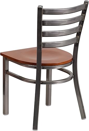 Miniatura 4 de BizChair Silla de restaurante de metal con respaldo de escalera recubierta transparente - Asiento de madera de cerezo