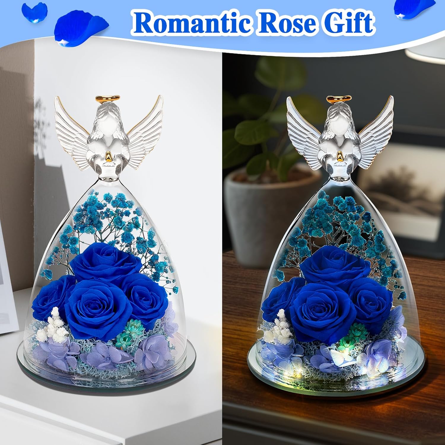 Birthday Day Rose Gifts for Women, Preserved Flowers Rose Gift for Mom, Glass Angel Figurines with LED Light, Forever Rose for Grandma Wife Friend Teacher, Nurse, Anniversary Day Girls Gift for Her