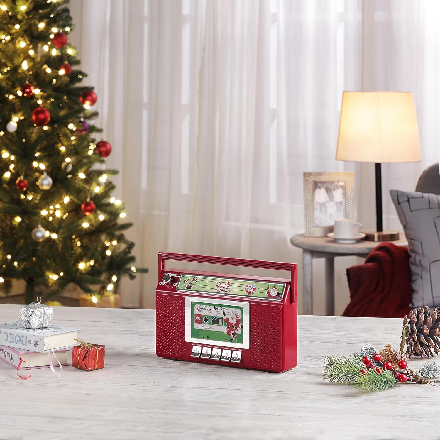 Mr. Christmas Santa’s Boom Box Radio – Retro 10-Inch Christmas Boombox with LED Lights, 9 Holiday Songs, 3 Santa Radio Stations, Battery Operated Holiday Decoration