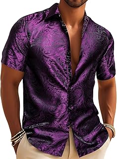 Barry.Wang Men's Silk Shirts Short Sleeve Western Designer Button Down Paisley Shirt Casual Beach