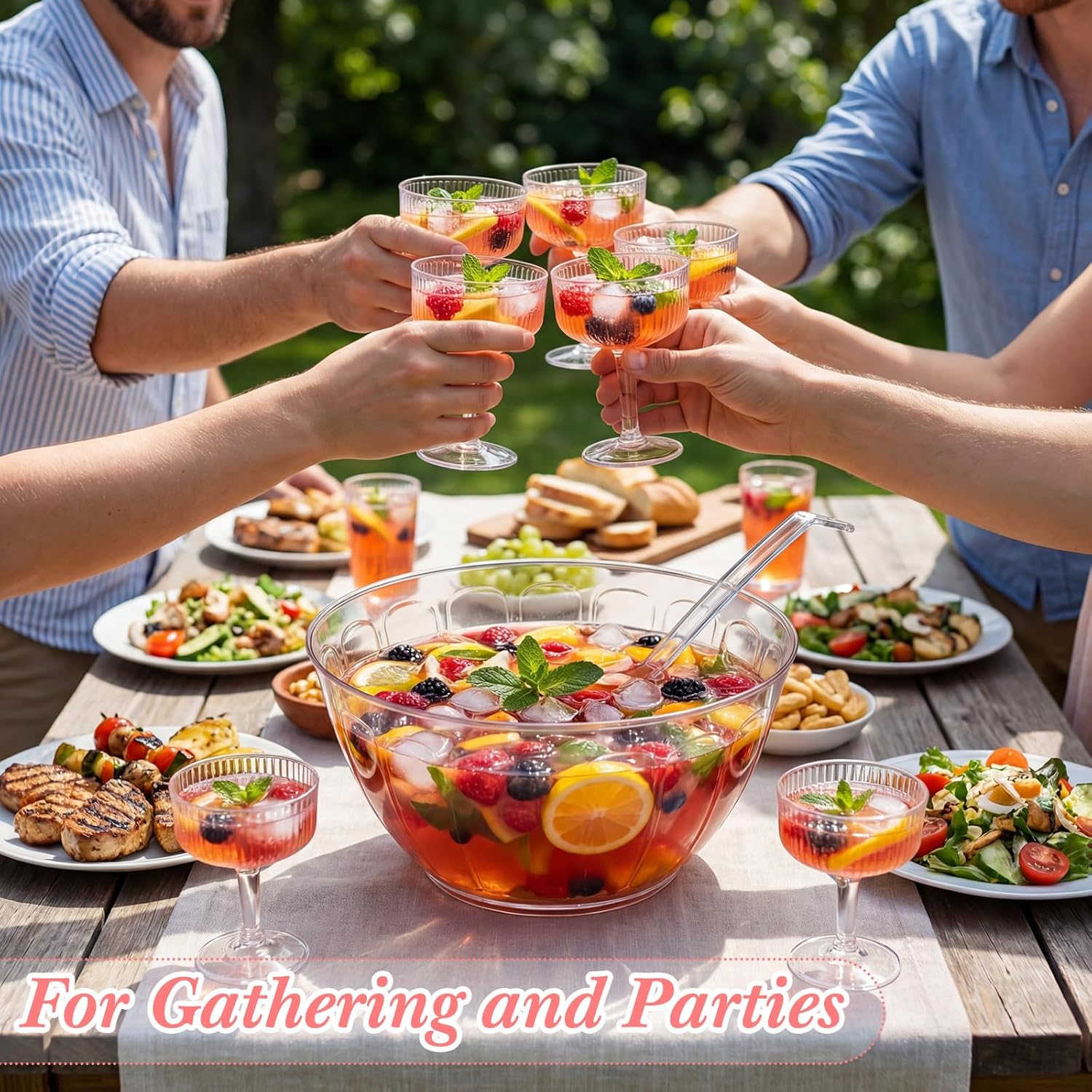 SiliFine 10 Piece Plastic Punch Bowl with Ladle and Detachable Cups Set, 12.4”w x 6”h Punch Bowls for Wedding, Birthday, Holidays, Parties, Reusable Clear Party Bowl Set for Drinks, Salads, Snacks