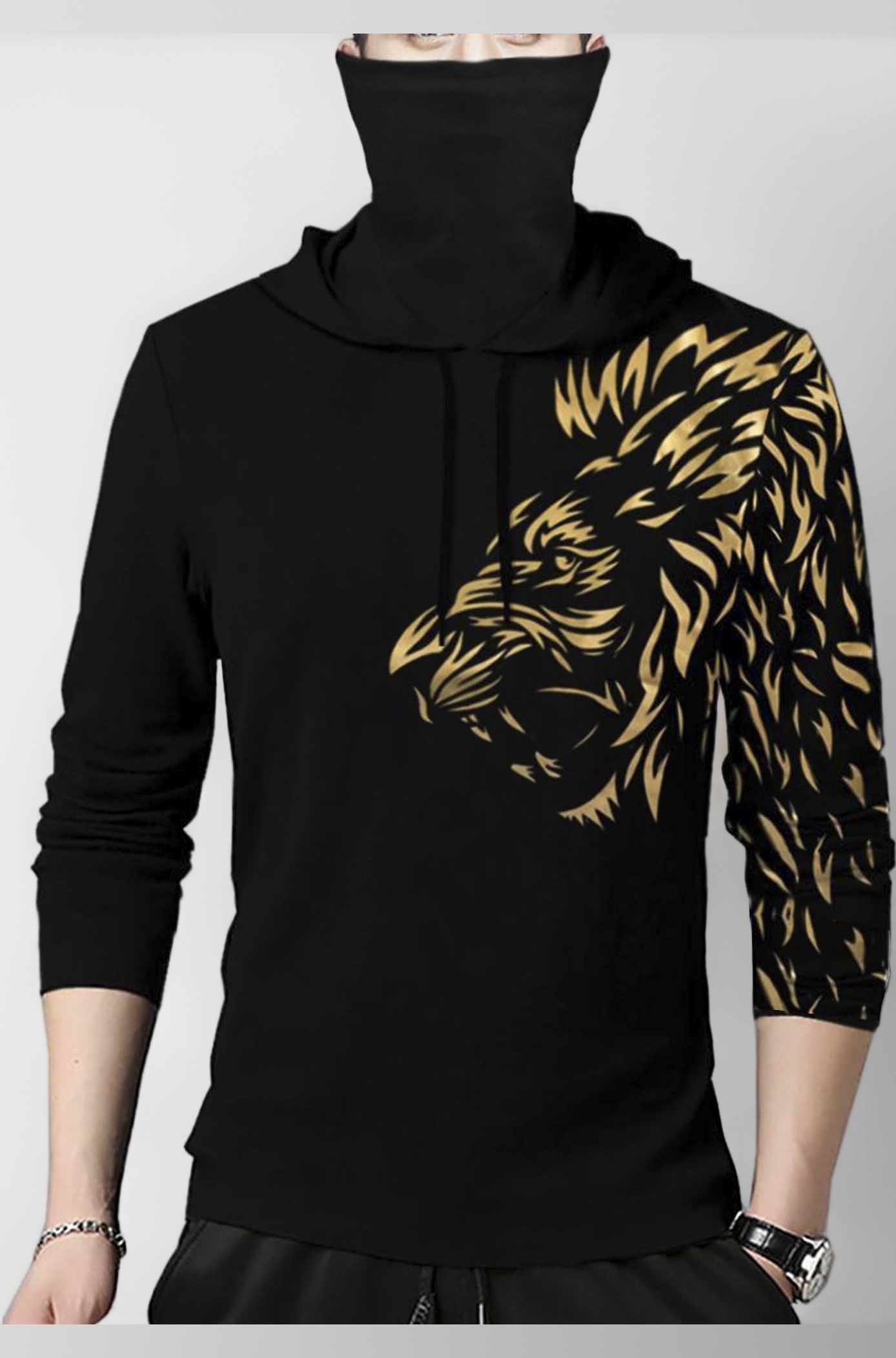 Mens Hooded Lion Printed Tshirt with Mask