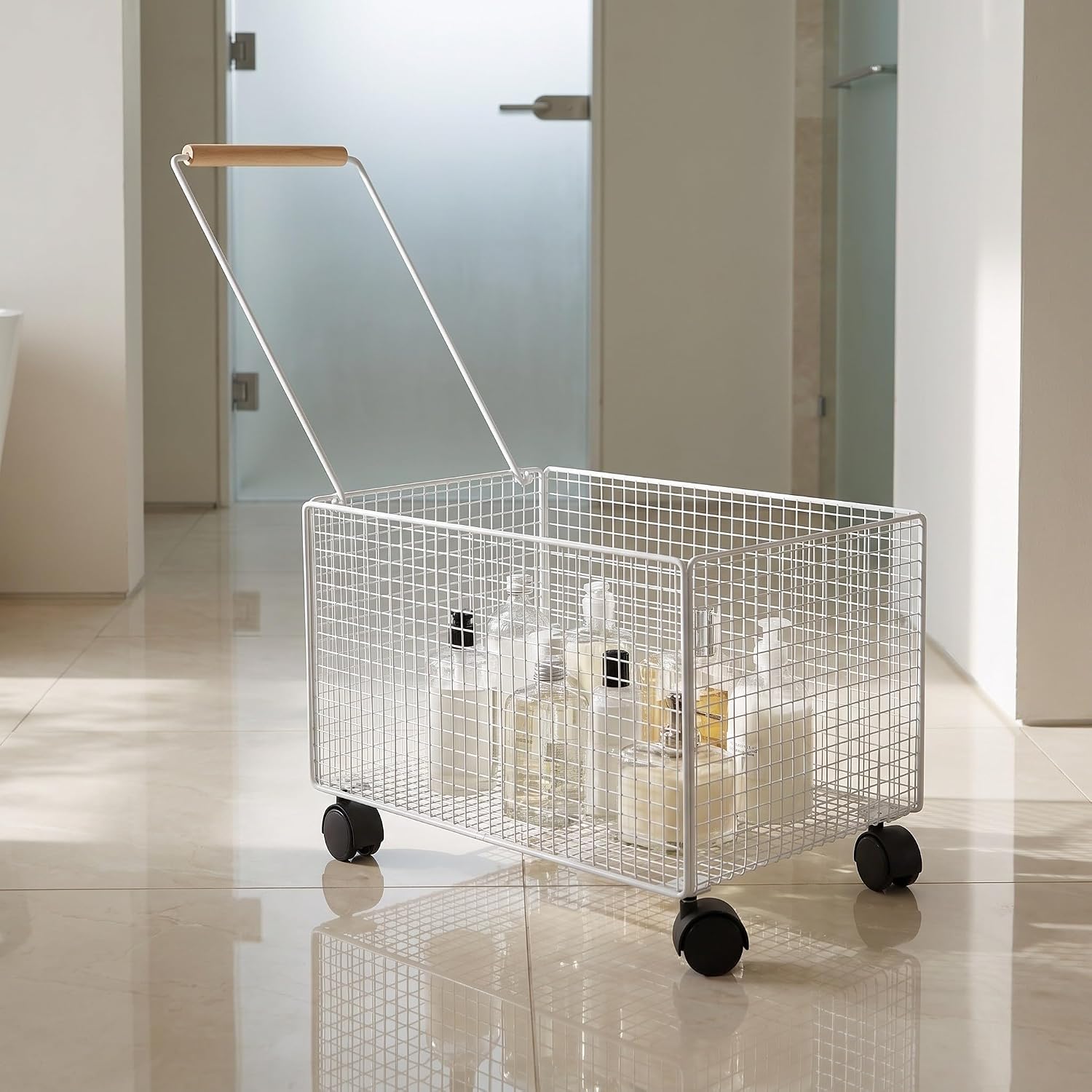 Poolside Towel Organizer Basket Trolley with Wheels and Handle