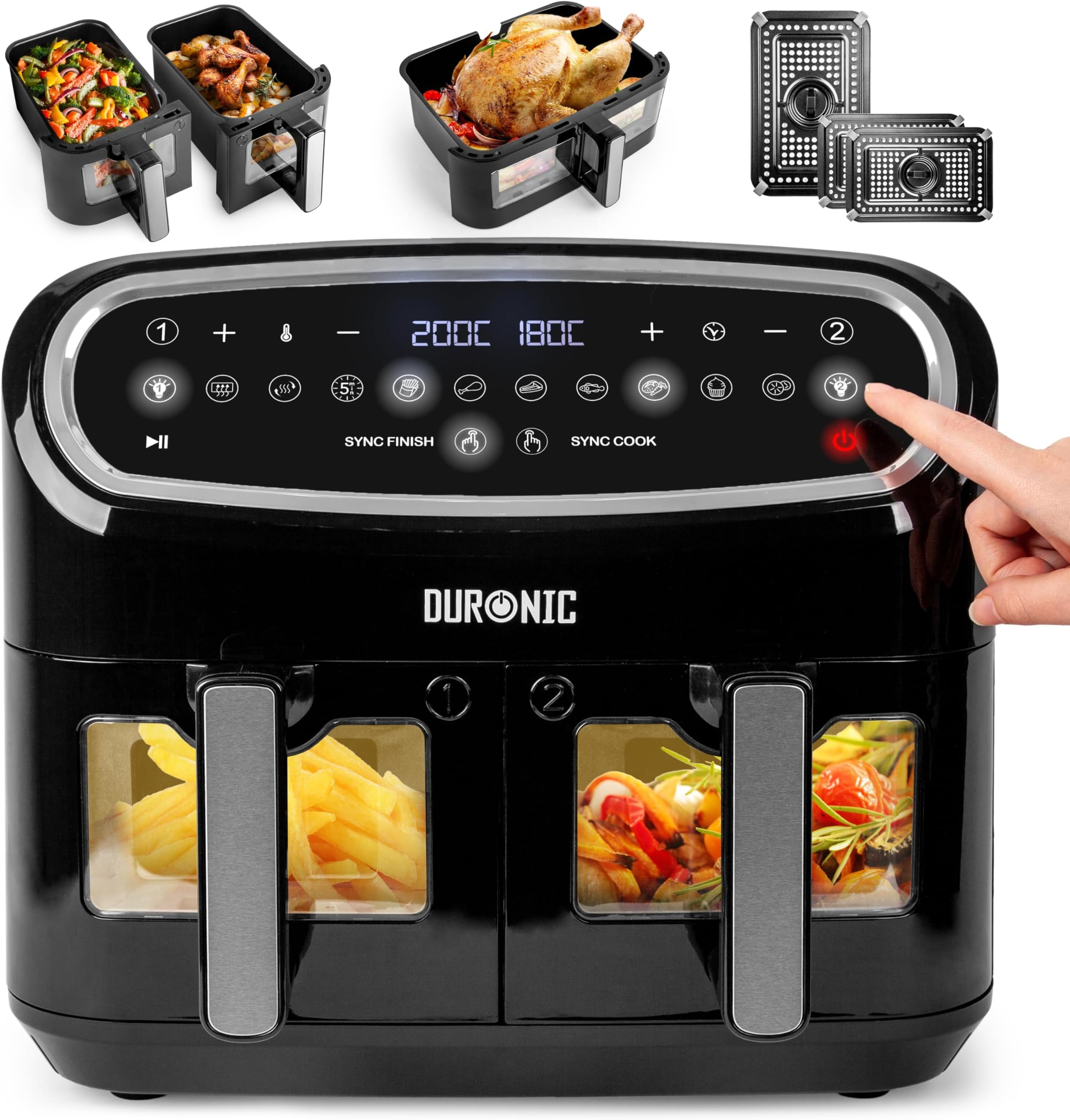 Duronic XXL Air Fryer AF34 BK 10L Digital Family Size Air Fryers Oil Free Triple Drawers 10in1 Dual Zone Extra Large AirFryer for Family Cooking with Dishwasher Safe Non-Stick Baskets Black