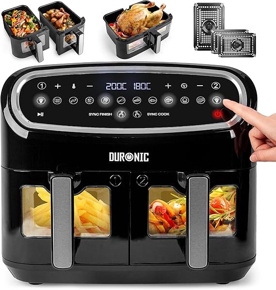 Duronic AF34 BK Friggitrice ad Aria XXL, Air Fryer 2400W, Fornetto elettrico 2 cestelli e 1 cestello grande, Friggitrice senza olio, Friggitrice ad aria calda, Cottura sincronizzata, Pollo, patate