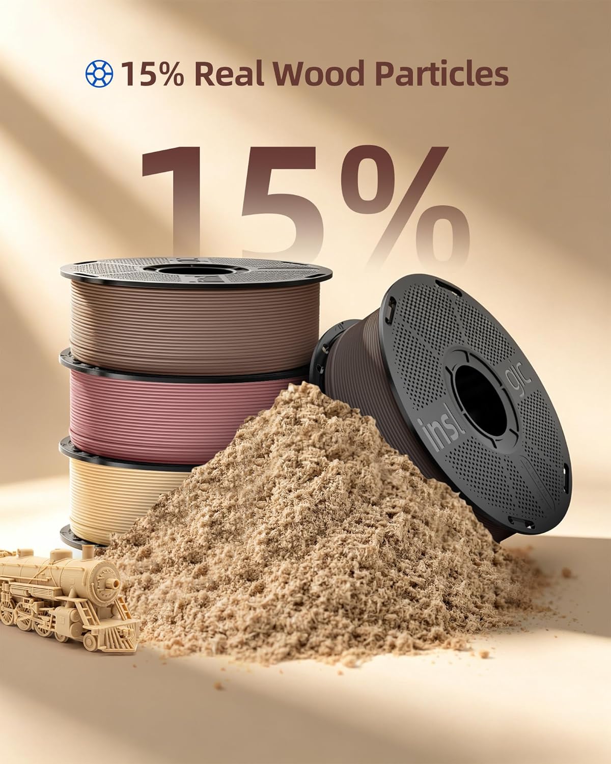 Inslogic WoodFill PLA Filament 1.75mm, 3D Printer Filament Matte Finish, Real Wood Texture, Fast Printing, Fit Most FDM 3D Printers, 1kg (2.2lbs), Cherry Wood