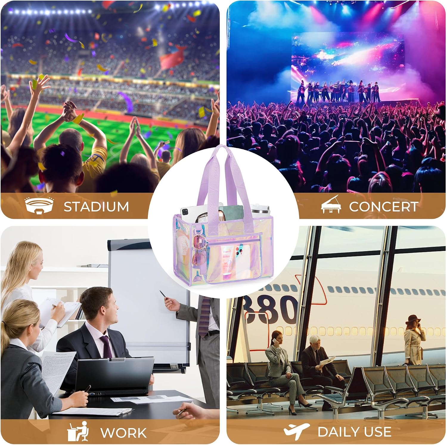 Yarwo Clear Bag for Stadium Events 16.9" x 7.3" x 11.8", Large Iridescent Tote Bag with Multi-pockets and Reinforced Strap for Travel Work Concerts Baseball Golf Football Basketball Stadium Events