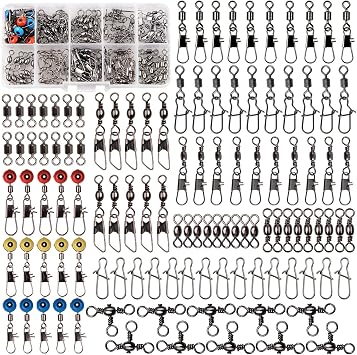 Fishing Swivels Kit - Ball Bearing Swivel, Rolling Barrel Swivel, Crossline Three Way Swivel, Duo Lock Snap, High Strength Fishing Line Connector for Bass Trout Saltwater Freshwater