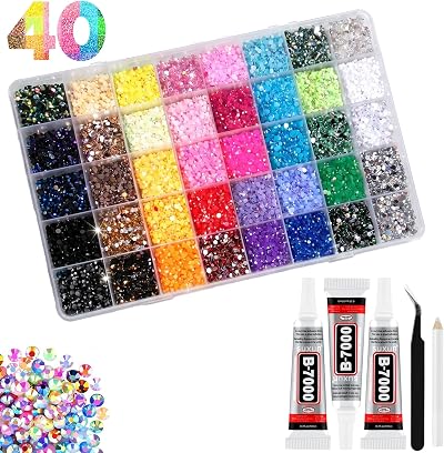 32000Pcs 3mm Flatback Rhinestones Bedazzler Kit โ 40 Vibrant Resin Jelly Gems with 3 B7000 Bedazzling Glue Tubes, Precision Tweezer & Bedazzling Pen for Nail Art, Shoes, Books, Fabric & DIY Bedazzling Projects