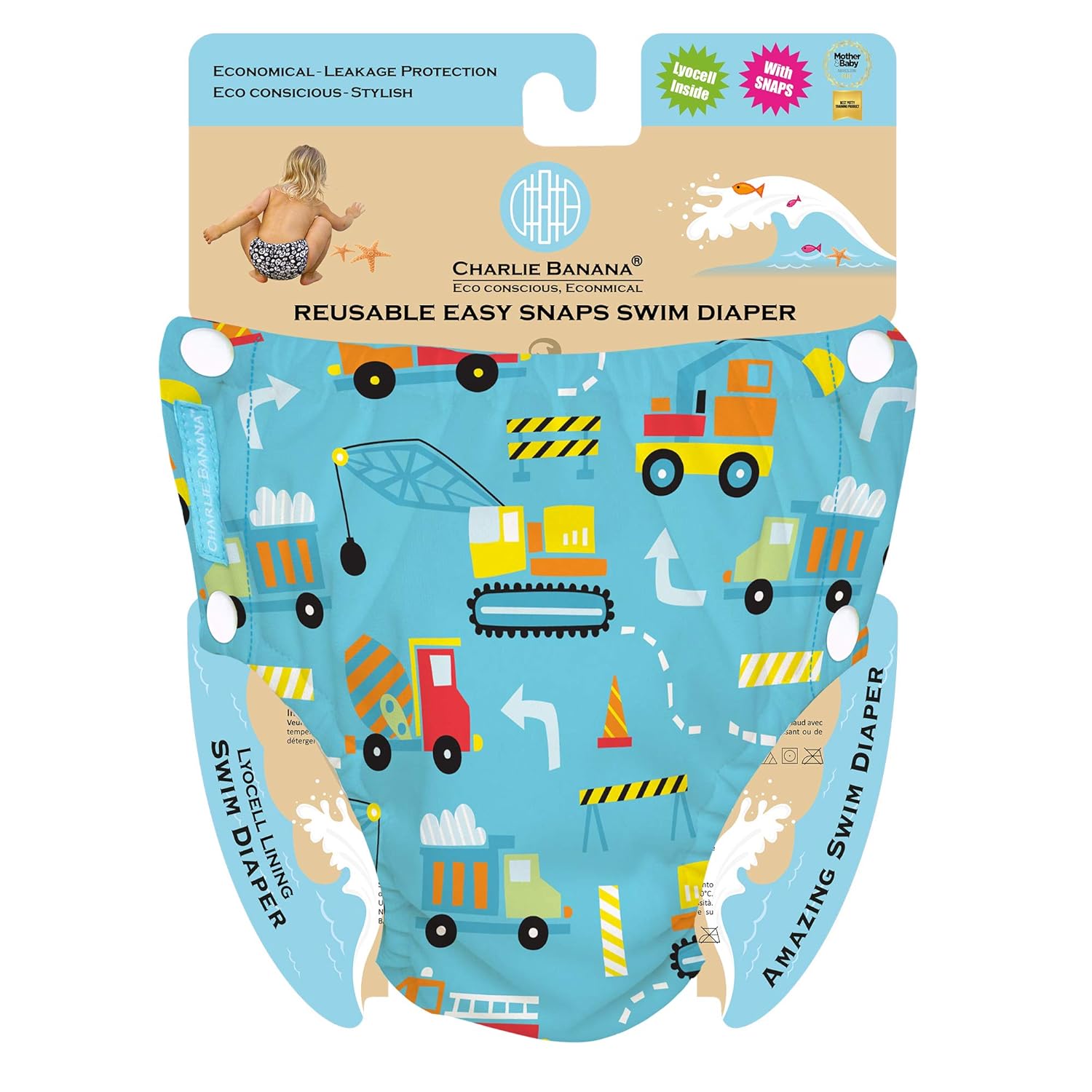 Charlie Banana Baby Reusable and Washable Swim Diaper for Boys or Girls, Construction, X-Large : Baby