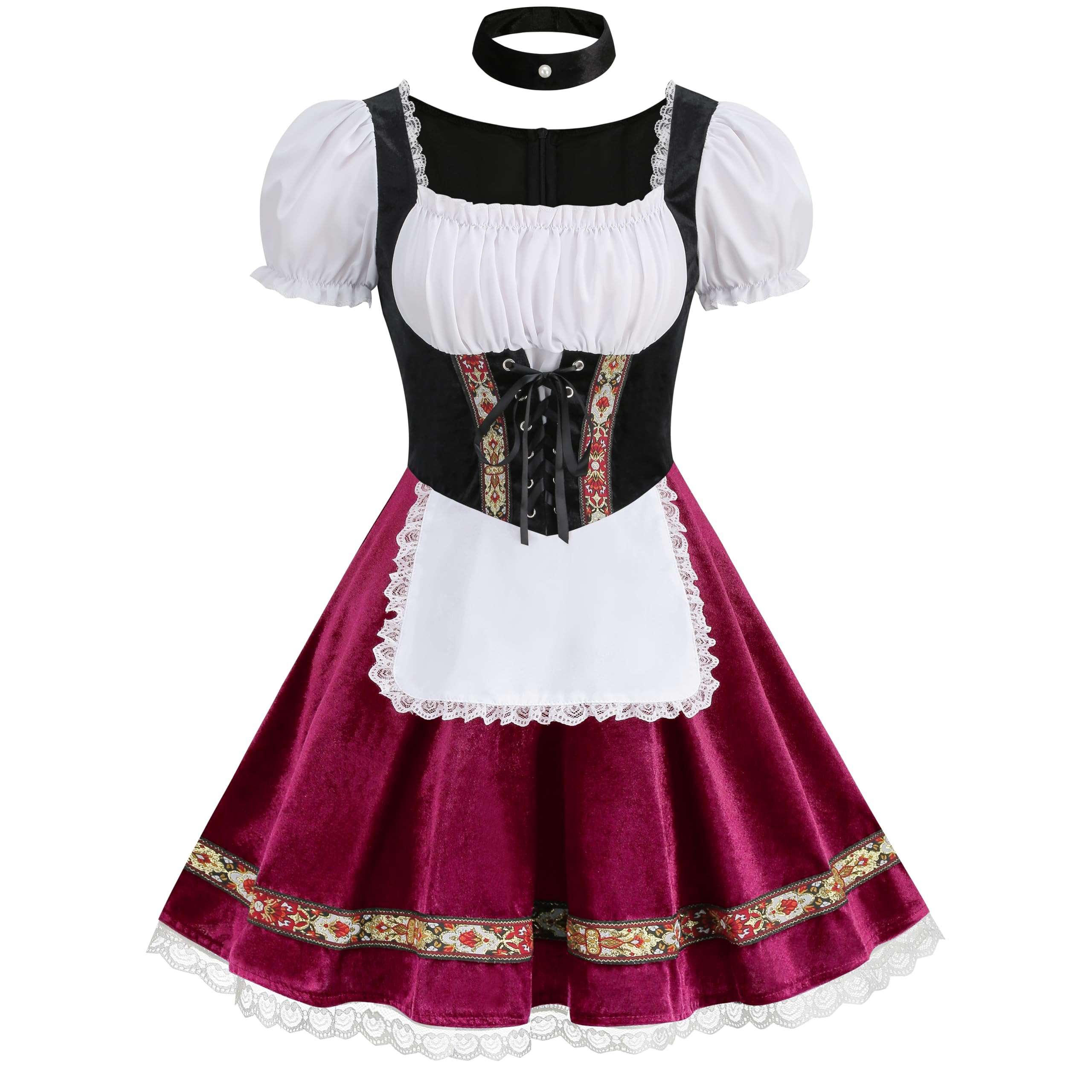 DELIVESS Women's Oktoberfest Costume, Velvet Dirndl Dress Adult German Bavarian Outfit for Halloween Carnival(Red,M)