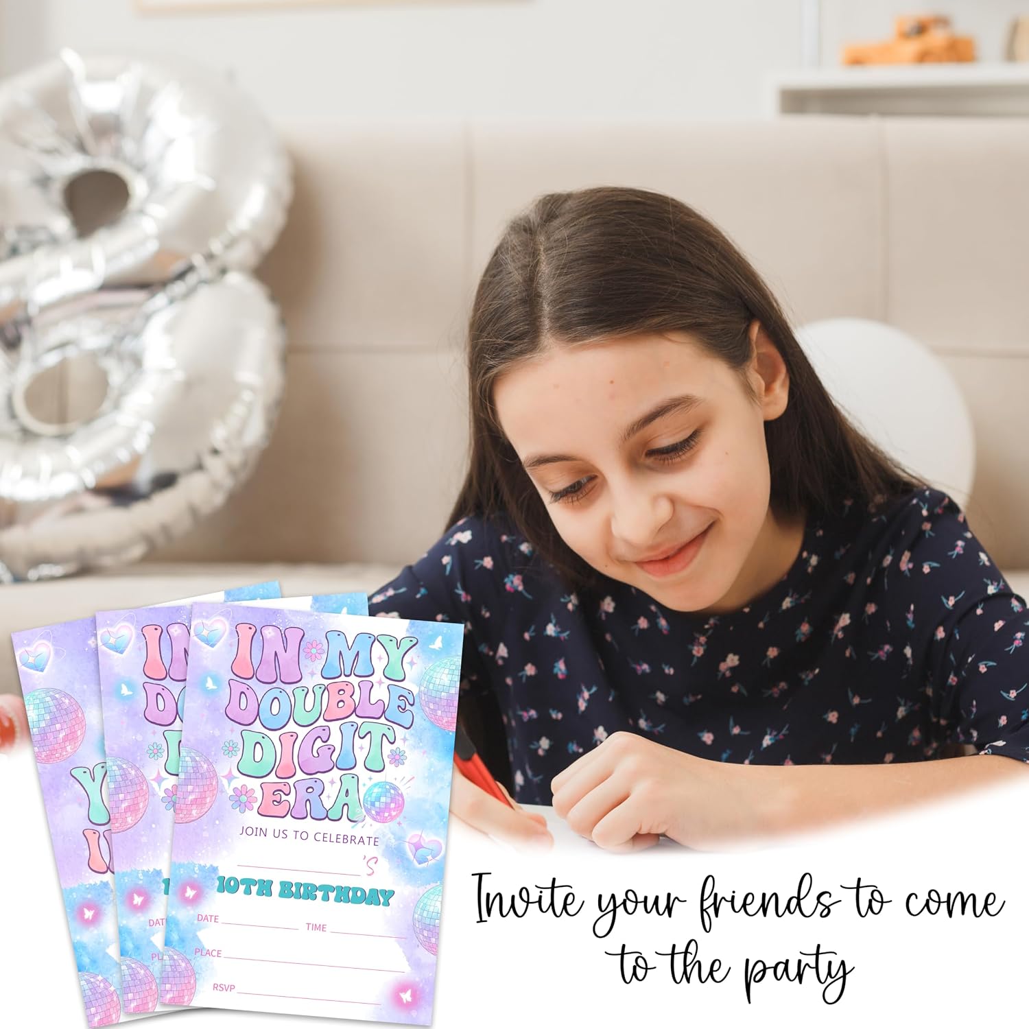 20 Pack 4"x6" Birthday Invitations with Envelopes, In My Double Digit Era 10th Iridescent Fill-in Birthday Party Invites for Kids Adults, Party Supplies Decorations Invitation Cards - B03