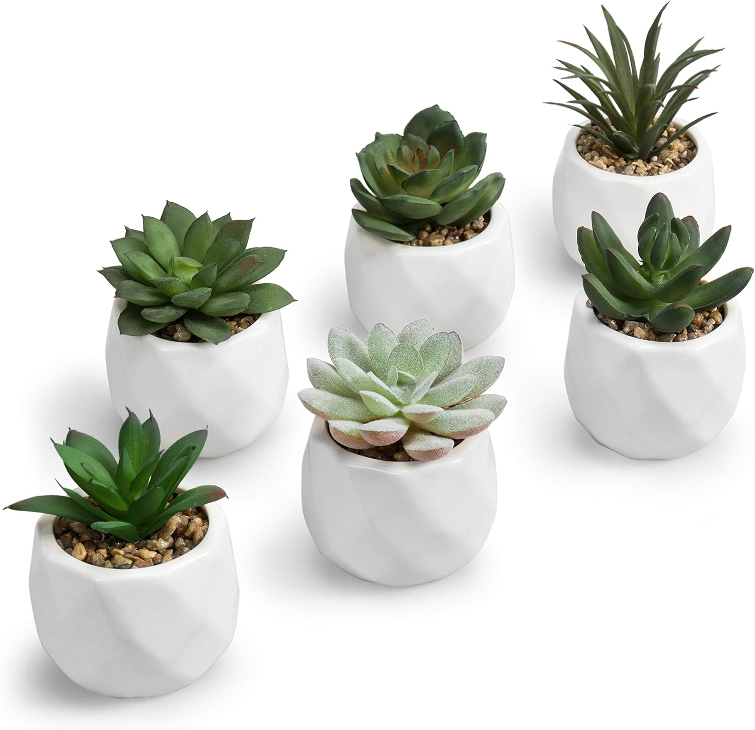 MyGift Mini Assorted Green Faux Succulent, Indoor Fake Plants in Geometric Ceramic Pots, Set of 6