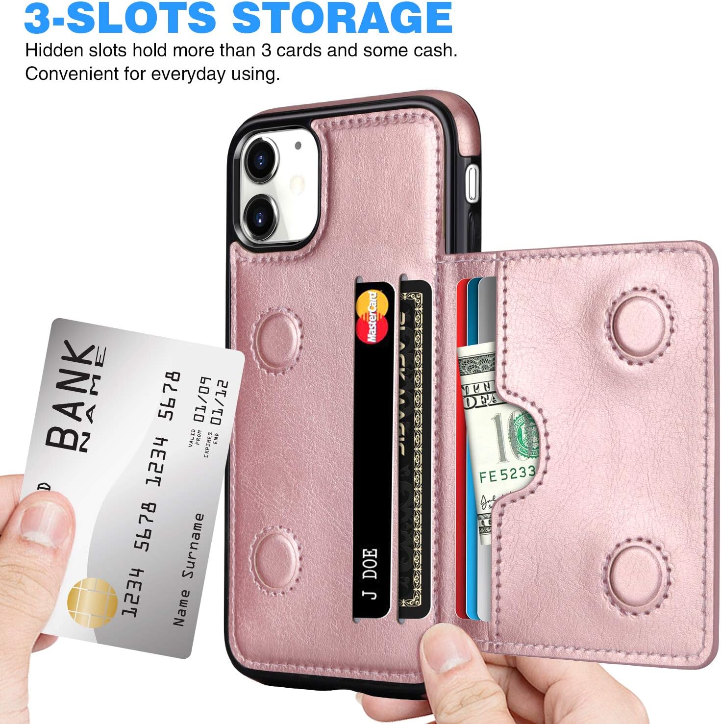 HianDier Wallet Case for iPhone 11 Case with Card Holder PU Leather Kickstand Card Slots Cover Protective Magnetic Closure Shockproof Flip Back Case for iPhone 11 6.1-inch, Rose Gold