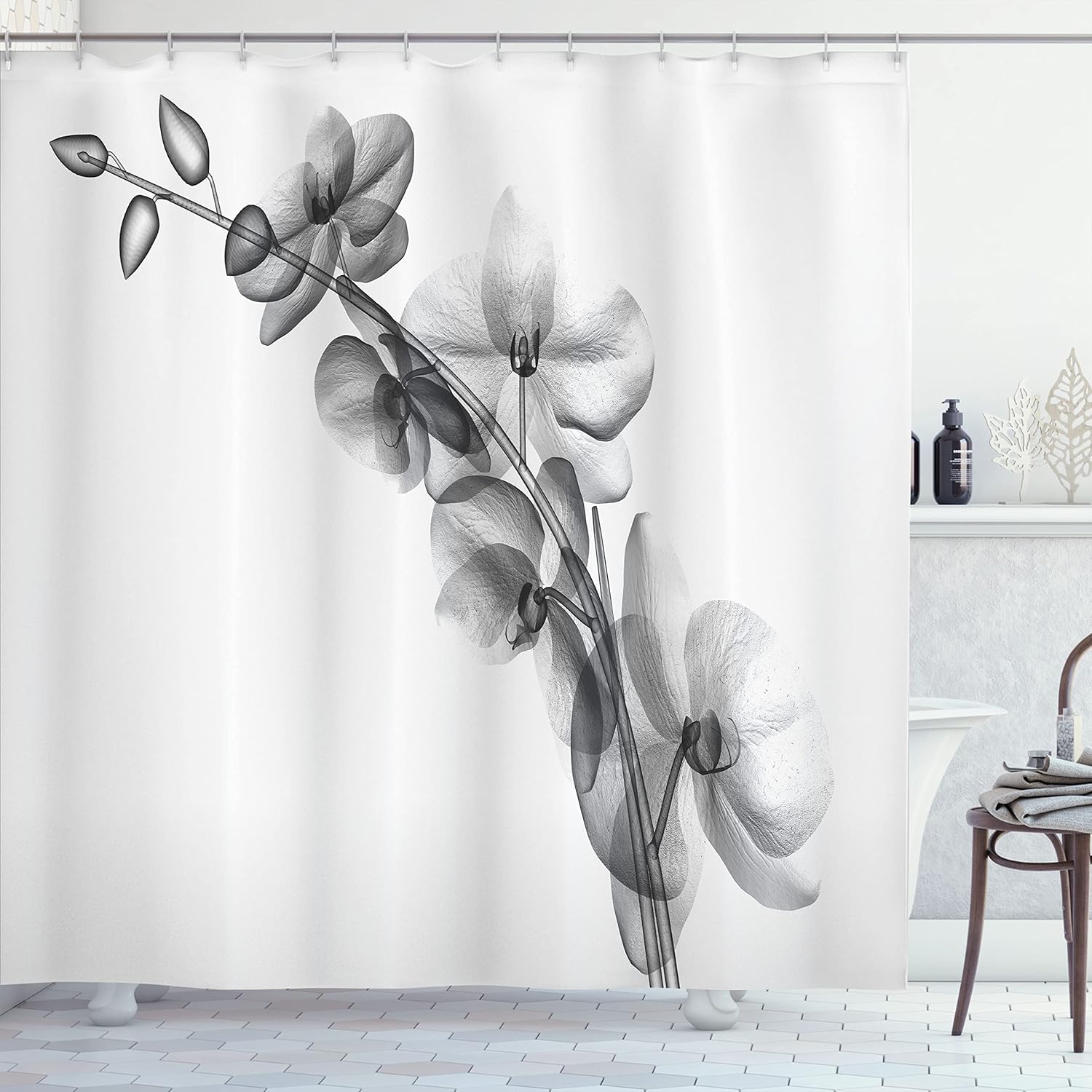 Ambesonne Flower Shower Curtain, Contemporary X-ray Illustration of Orchid Leaf Plant Twig Unseen Nature Picture, Cloth Fabric Bathroom Decor Set with Hooks, 69" W x 70" L, Taupe Grey