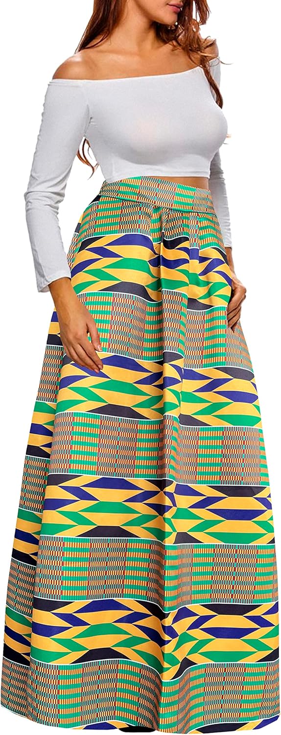 Afibi Women African Printed Maxi Skirt Flared Skirt A Line Long Skirts with Pockets S-5XL - Image 3