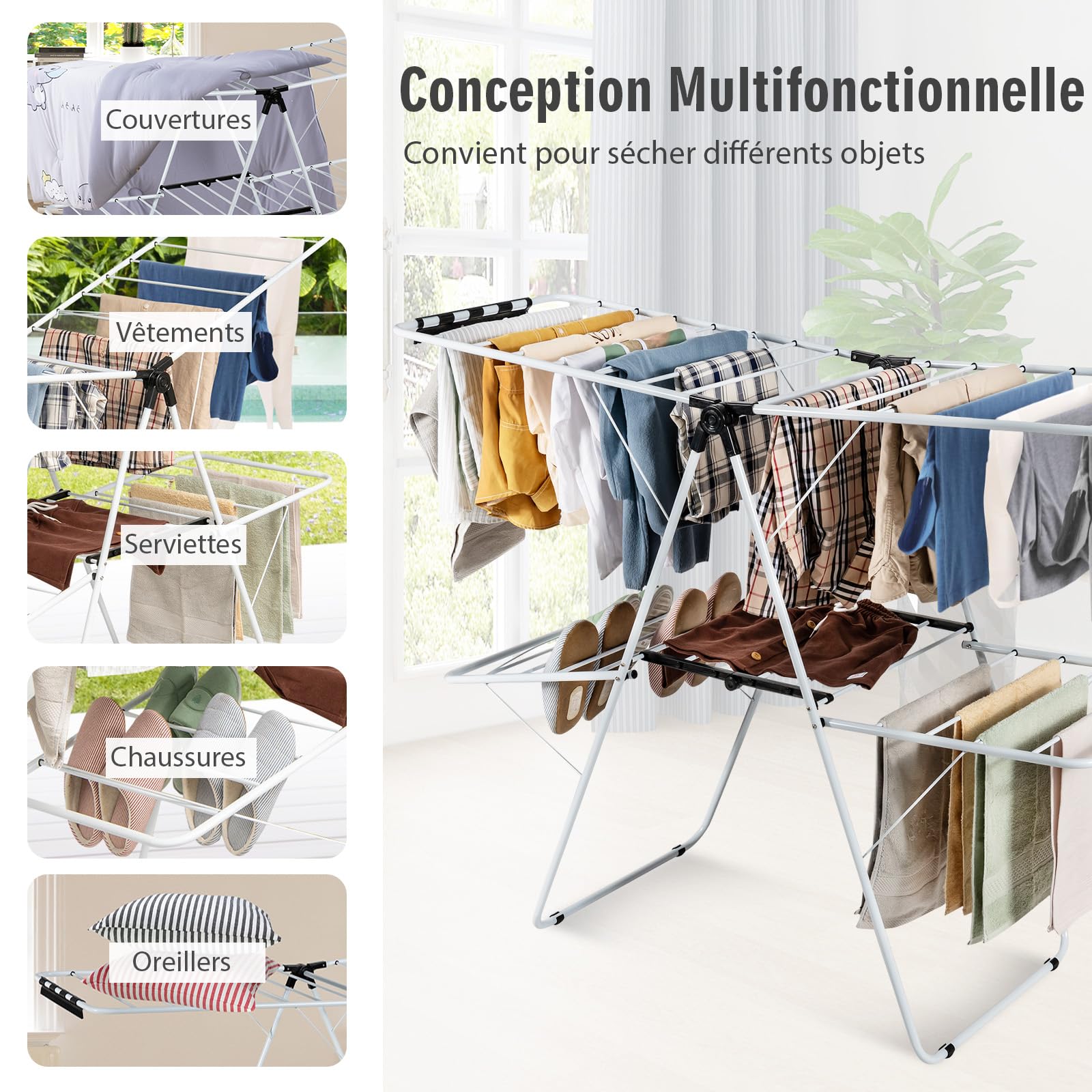 COSTWAY Sechoir à Linge Pliable, Etendoir Linge Interieur en Acier 2 Niveaux, Tancarville Linge Solide avec 33 Barres, 26 Pinces à Chaussettes, Seche Linge Intérieur Extérieur