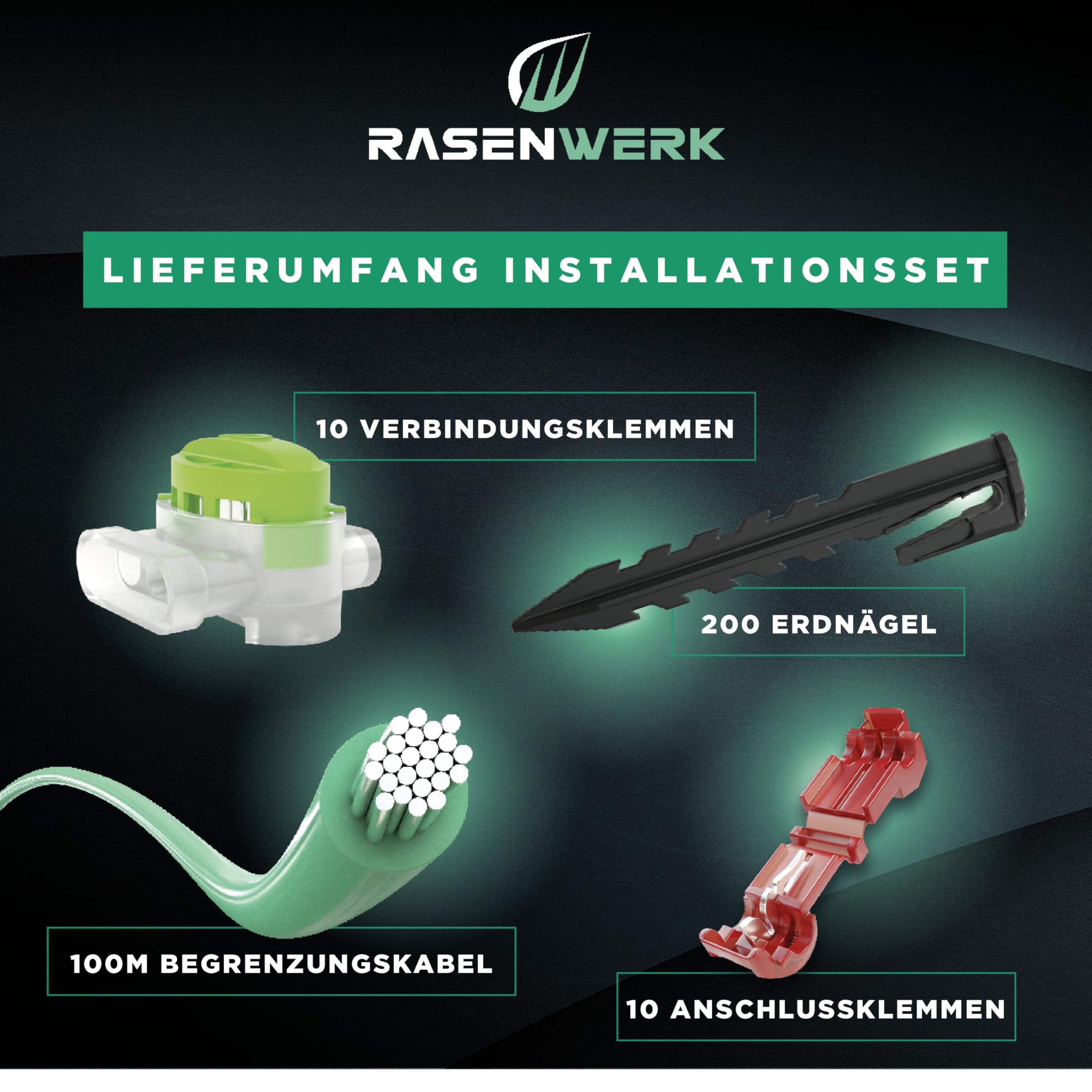 Set installazione cavo perimetrale RASENWERK® per robot rasaerba - 200 picchetti - 10 morsetti di collegamento - 100m di cavo perimetrale per robot rasaerba - 3 morsetti di collegamento