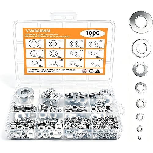 1000Pcs Zinc Plated Steel Flat Washers Assorted Washers for Screws Bolts M2 M3 M4 M5 M6 M8 M10 M12 Hardware Washers Large and Small Washers Kit