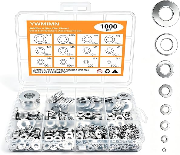 1000Pcs Zinc Plated Steel Flat Washers Assorted Washers for Screws Bolts M2 M3 M4 M5 M6 M8 M10 M12 Hardware Washers Large and Small Washers Kit