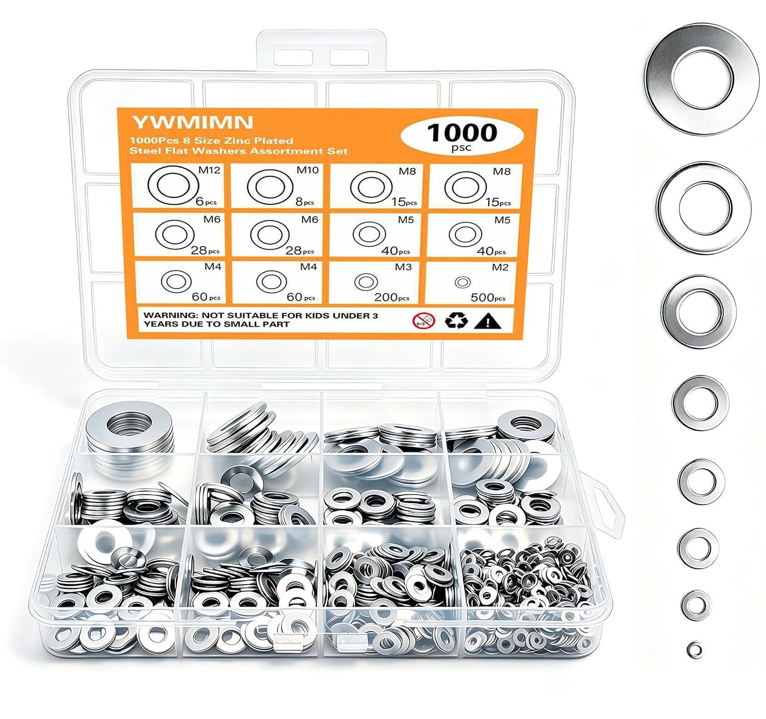 1000Pcs Zinc Plated Steel Flat Washers Assorted Washers for Screws Bolts M2 M3 M4 M5 M6 M8 M10 M12 Hardware Washers Large and Small Washers Kit