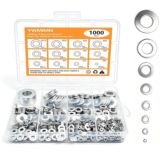 1000Pcs Zinc Plated Steel Flat Washers Assorted Washers for Screws Bolts M2 M3 M4 M5 M6 M8 M10 M12 Hardware Washers Large and Small Washers Kit