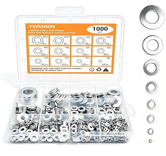 1000Pcs Zinc Plated Steel Flat Washers Assorted Washers for Screws Bolts M2 M3 M4 M5 M6 M8 M10 M12 Hardware Washers Large and Small Washers Kit