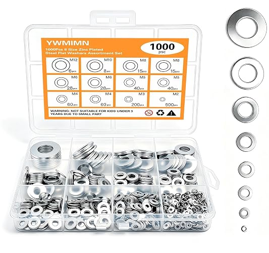 Ywmimn 1000Pcs Zinc Plated Steel Flat Washers Assorted Washers for Screws Bolts M2 M3 M4 M5 M6 M8 M10 M12 Hardware Washers Large and Small Washers Kit