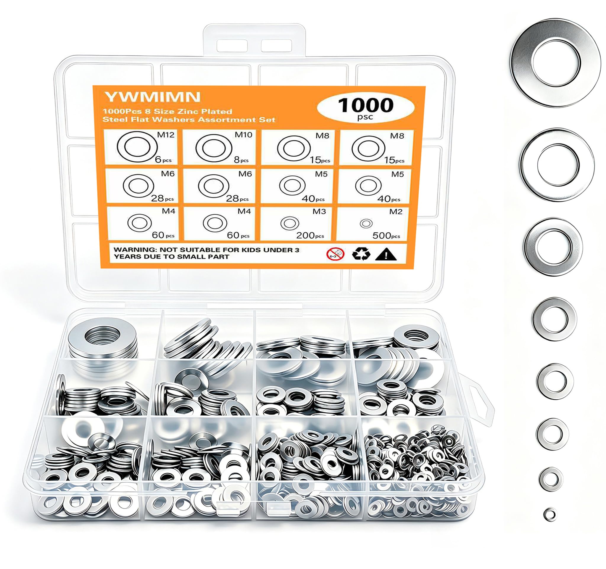 1000 Flat Washers Kit - Zinc Plated Steel Hardware -1 1000 Flat Washers Kit - Zinc Plated Steel Hardware -1