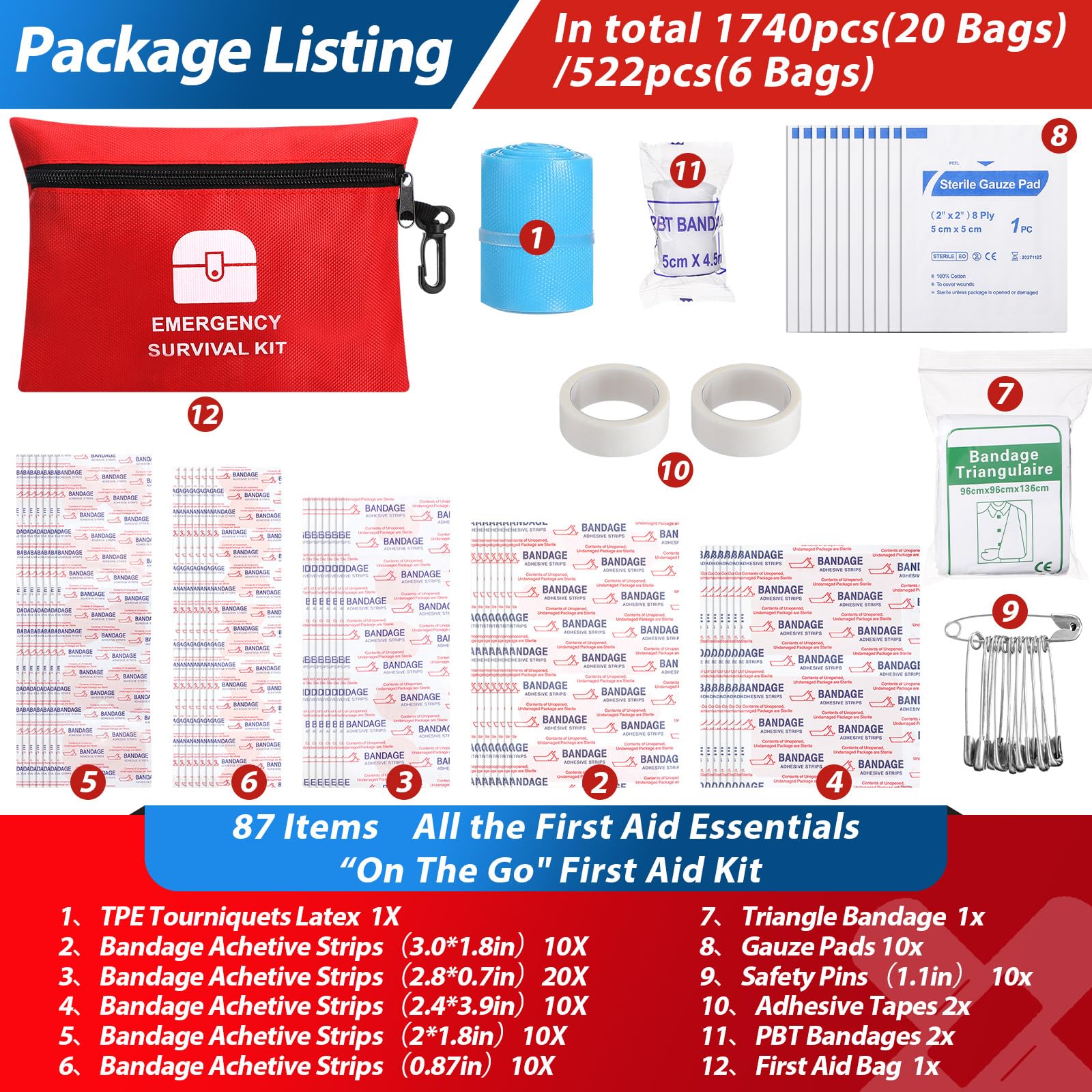 Geiserailie Mini-Erste-Hilfe-Kits, Reise-Survival-Kits, Notfallausrüstung, Ausflug, Muss für Zuhause, Auto, Wandern, Arbeitsplatz, Outdoor, 1740 Stück