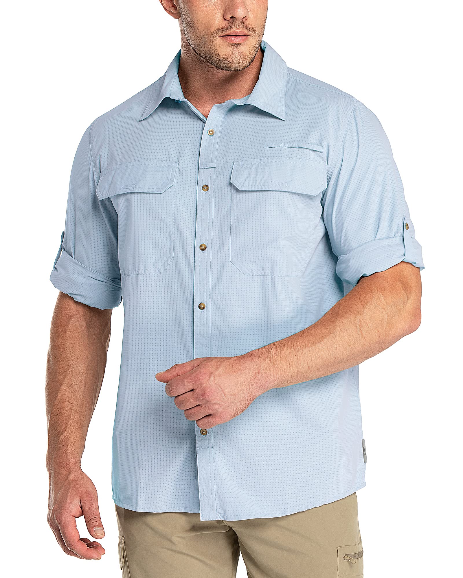 Outdoor Ventures Camisa de manga larga para hombre, camisa funcional para exteriores, de secado rápido, informal, transpirable, azul claro, XL