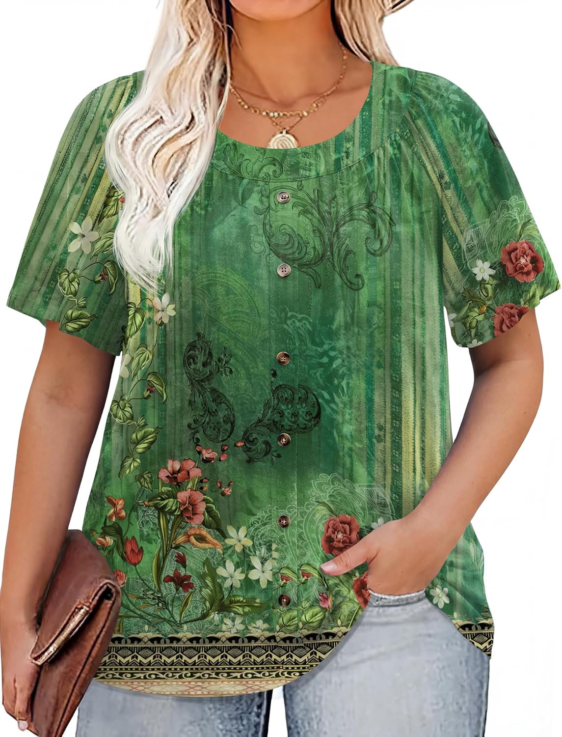 AKEWEI Womens Plus Size Tops 2026 Summer Short Sleeve Pleated Shirts Crew Neck Casual Loose Blouses Tunic XL-5XL