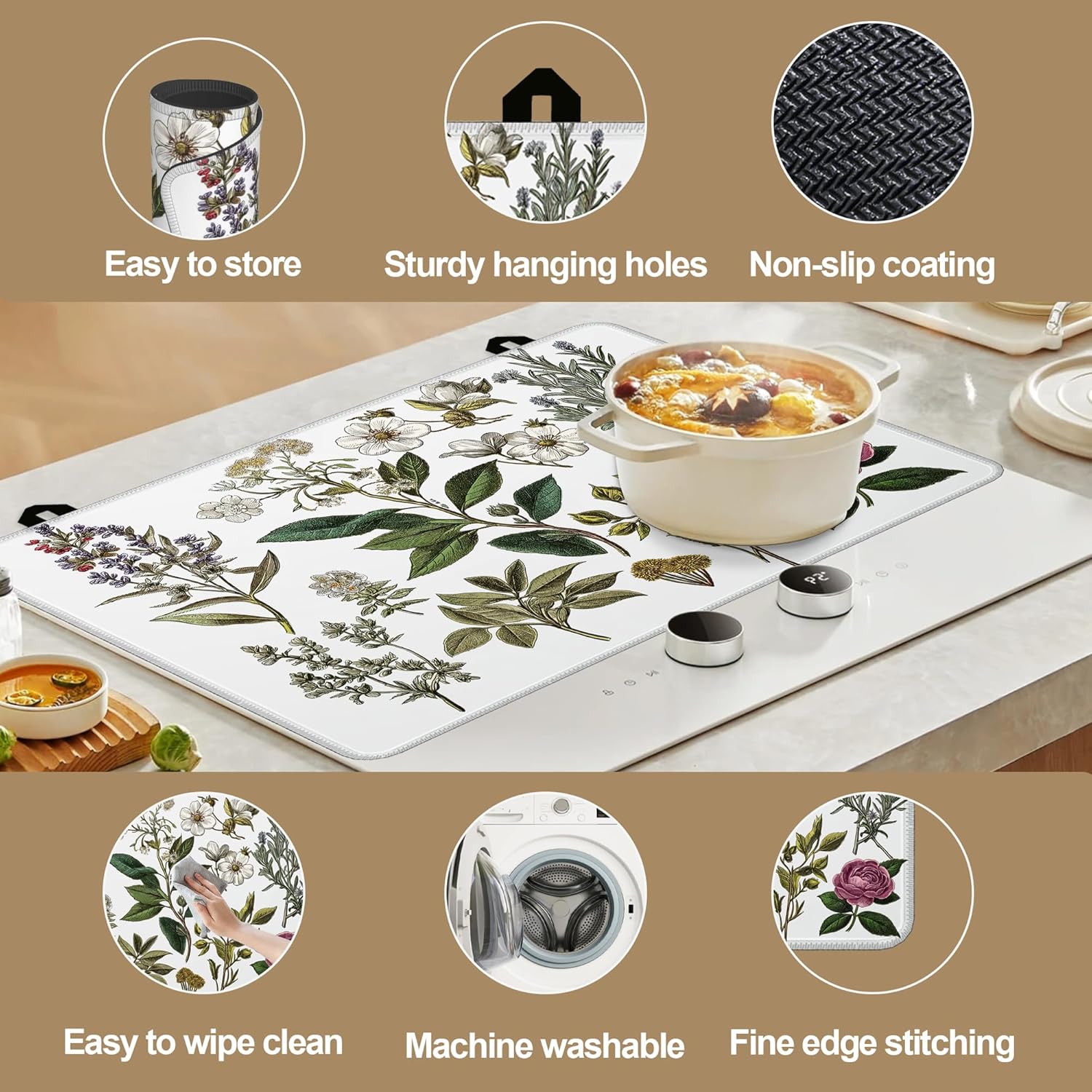 Stove Top Covers for Electric Stove,Wildflower Vintage Herb Flower Glass Top Cover Non-Stick Kitchen Pad for Gas Cooktop Washable Countertop Protector Mat Keep Stove Clean 28.5'' x 20.5''