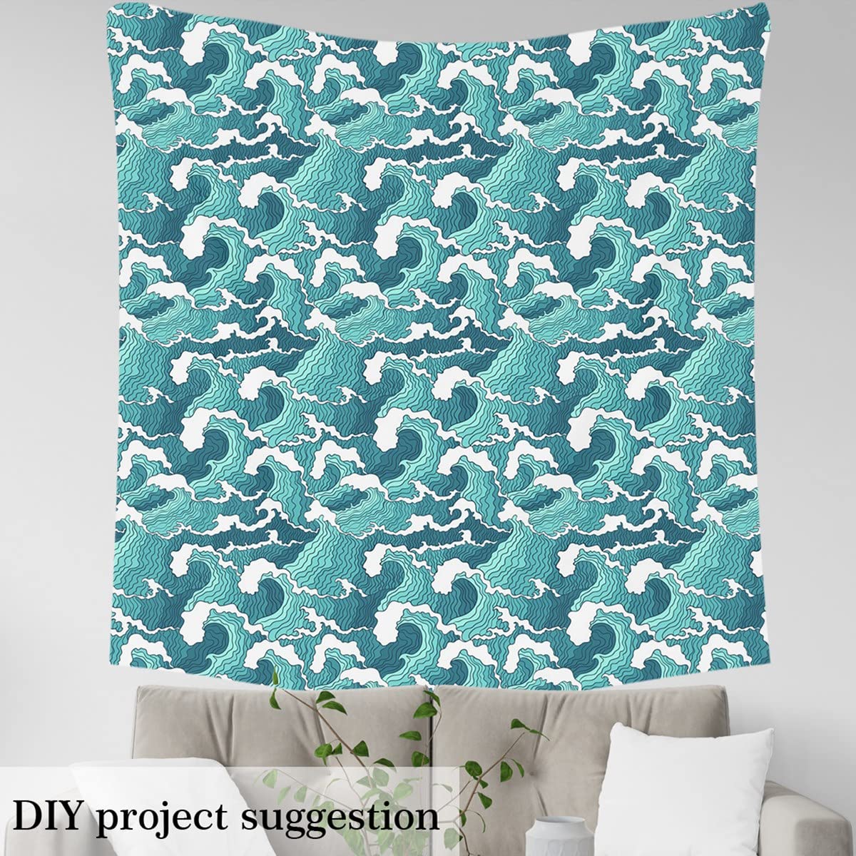 Ocean Waves Fabric by The Yard,Japanese Hokusai Style Upholstery Fabric for Chairs,Nautical Exotic Marine Sea Wave Waterproof Outdoor Fabric,1 Yard,(L92*W150cm) Teal White - Image 3