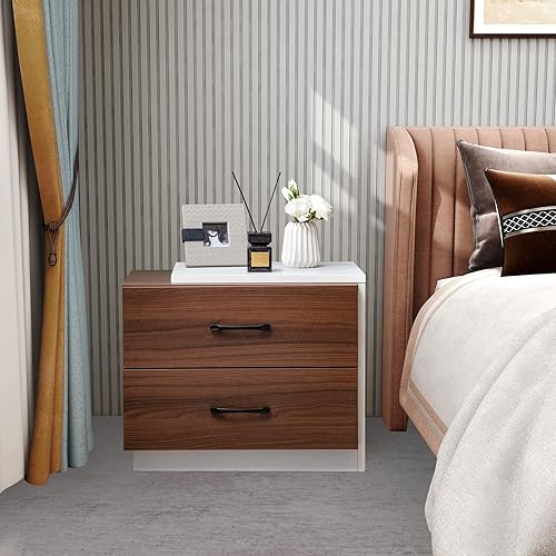 Miniatura 2 de Giantex Moderna mesita de noche con 2 cajones, mesa de noche rústica de madera de nogal con diseño único en forma de L blanco, mesa auxiliar
