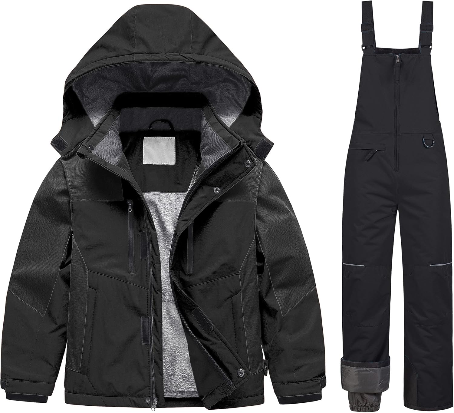 Pursky Boy's Waterproof Ski Jacket Kids Winter Snow Coats Kid's Snow Pants Boy's Winter Ski Bibs Snowbibs Sets Black Size 10/12