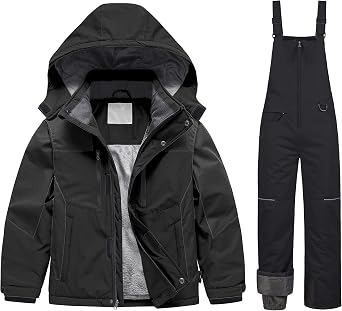 Pursky Boys Waterproof Ski Jacket Kids Winter Snow Coats Kids Snow Pants Boys Winter Ski Bibs Snowbibs Sets Black Size 10/12