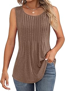 Ficerd Women's Tank Tops Sleeveless Tunic Pleated Crew Neck Blouses Summer Dressy Casual Loose Spring T Shirts